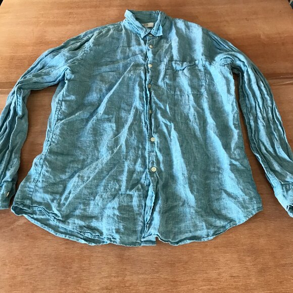 Uniqlo 100% Linen Shirt Men L Blue Button Up Pocket Long Sleeve Collared 17878 - Picture 1 of 13